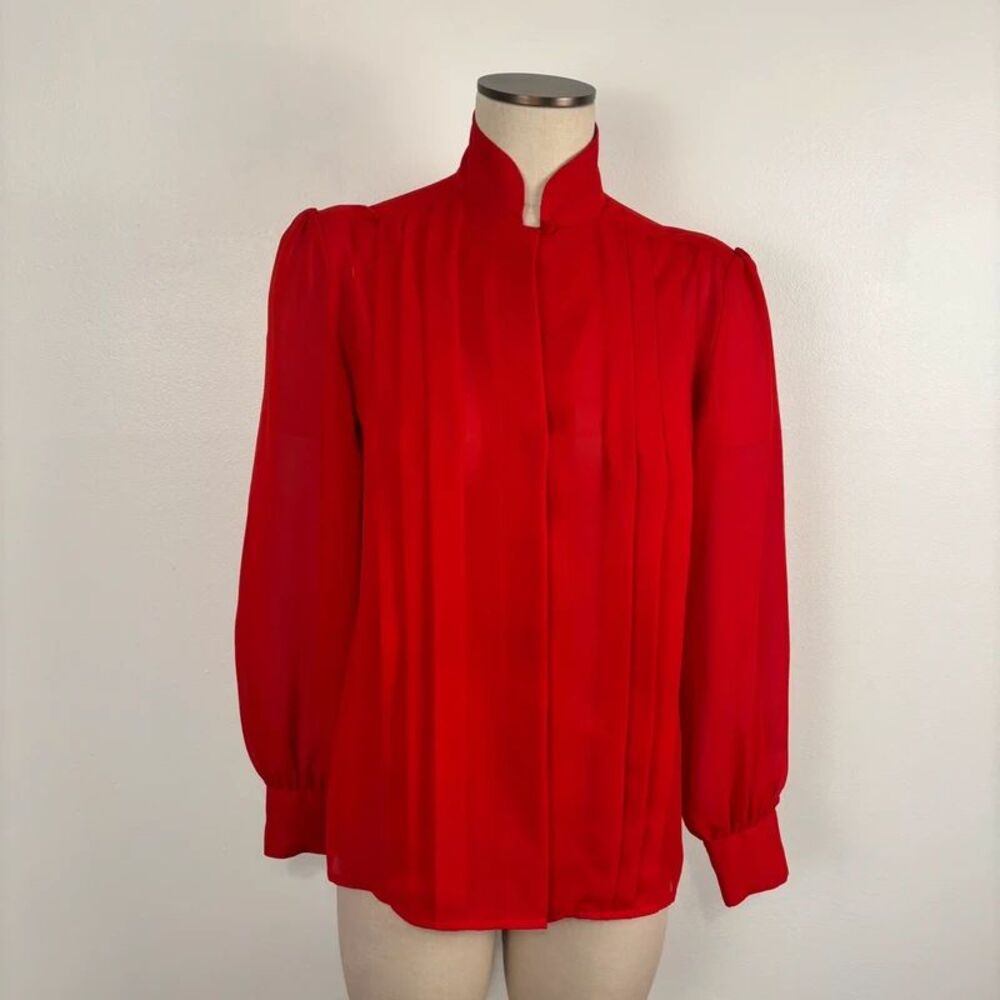 Vintage B Altman & Co Shirt Womens 12 Red Pleated High Neck Sheer Blouse Japan